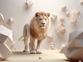 A minimalist studio setup with a majestic lion as the central focus.