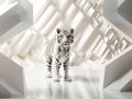 Minimalist studio setup where the focus is a magnificent tiger, captured in an artistic display of photography.