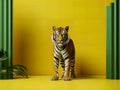 Minimalist studio setup where the focus is a magnificent tiger, captured in an artistic display of photography.