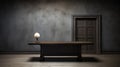 Minimalist Study: A Dark Room With A Wooden Table And Lamp