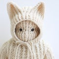 Minimalist Stuffed Cat With Knitted Hood Close-up Ivory Babycore