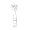 Minimalist style bottle with rose flower. Romantic line art for print, tattoo, poster or card. One line drawing with wine bottle Royalty Free Stock Photo