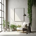 minimalist style living room decorated with frames, lamps and plants. Royalty Free Stock Photo