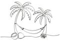 minimalist summer one-line vector illustration palm trees with hammock, coconuts seashell simple continuous line drawing of