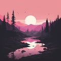 Minimalist Sunset Scenery Illustration With Trees And Water