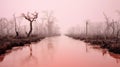 Minimalist Swamp With Pink Waves In Post-apocalyptic Style
