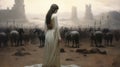 Minimalist Symbolist Painting Of A Woman In White And Horses In The Desert