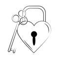 Minimalist tattoo boho padlock shaped heart and key line art icon over white background