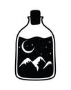 minimalist tattoo of a bottle with one landscape
