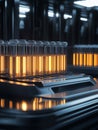 Minimalist test tubes glowing in futuristic laboratory setting with advanced technology elements Royalty Free Stock Photo