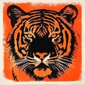 Minimalist Tiger Head Woodblock Print Illustration On Orange Royalty Free Stock Photo