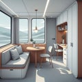 Minimalist train cabin interior with large windows offering a scenic view Royalty Free Stock Photo