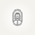 Minimalist travel van driving on the road line art badge logo template vector illustration design. simple recreational vehicle or Royalty Free Stock Photo