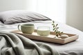 a minimalist tray with a bowl of oatmeal and a mug of green tea on a sleek modern bed