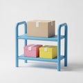 Two- Tiered Blue Shelf with Cardboard Boxes in Pink Yellow and Brown Colors Keywords: shelf, rack, storage, organizer, furniture, Royalty Free Stock Photo
