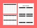 Minimalist undated personal planner page templates. Monthly Plan, Weekly Plan, Habit Tracker. Vector illustration