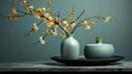 Minimalist Vases: A Close-up Shot Of Teal And Yellow Cherry Blossoms