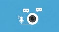 Modern vector illustration of a microphone and camera lens with speech bubbles on a blue background Royalty Free Stock Photo