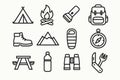 A minimalist vector icon set for camping, featuring a tent, campfire, backpack, hiking boot, mountain, sleeping bag, compass, wate Royalty Free Stock Photo