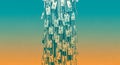 A tall minimalist tower illustration composed of stacked rectangular blocks in a gradient orange and turquoise background Royalty Free Stock Photo