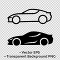 Minimalist icon, sports car vector, black and white, outline and silhouette versions Royalty Free Stock Photo