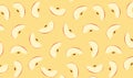 A minimalist vector seamless pattern of fresh red apple slices and fruit on a light yellow background. This flat illustration is Royalty Free Stock Photo