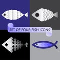 Minimalist vector set of four stylized fish icons