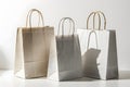 Minimalist, versatile composition three white paper bags of varying sizes and orientations Royalty Free Stock Photo
