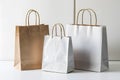 Minimalist, versatile composition three white paper bags of varying sizes and orientations