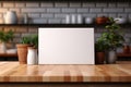 Minimalist and versatile image featuring blank mockup poster placed on top of wooden table in a kitchen