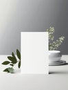 Minimalist vertical white blank of paper mockup on table. Simple empty 4x6 card for table number template. Generative AI Royalty Free Stock Photo