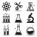 Minimalist visual science icons set. Includes atom, DNA, microscope, test tubes, beakers, and lab equipment. Clean black and Royalty Free Stock Photo
