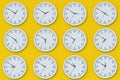 Minimalist wall clocks on yellow background