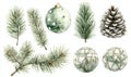 Minimalist watercolor collection of Christmas decorations with elements such as pine branches, pine cones, stars, fir trees, gift Royalty Free Stock Photo