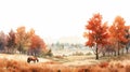 Minimalist Watercolor Painting Of Horse In Autumn Field