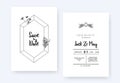 Minimalist wedding invitation card template design, hexagon gemstone and foliage line art ink drawing