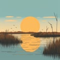 Minimalist Wetland Sunset Illustration With Naturalistic Bird Portraits