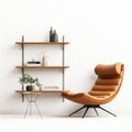 Minimalist White Apartment With Brown Leather Chair And Corner Shelf Royalty Free Stock Photo