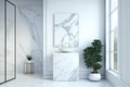 Minimalist white bathroom interior with shower cabin, sink, plant and decorative marble wall, Generative AI Royalty Free Stock Photo