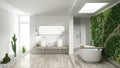 Minimalist white bathroom with vertical and succulent garden, wooden floor and pebbles, hotel, spa, modern interior design