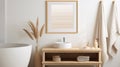 Minimalist White Bathroom With Wooden Vanity And Sunprint Style Royalty Free Stock Photo