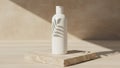 Minimalist white bottle with leaf shadow on stone surface in natural sunlight Royalty Free Stock Photo