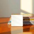 Minimalist White Box Magazine Stack Wood Surface Royalty Free Stock Photo