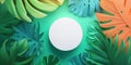 Minimalist white circular object surrounded by vibrant tropical leaves Royalty Free Stock Photo