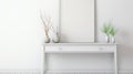 A minimalist white console table adorned with chic vases and fresh plants, exuding a serene and modern vibe