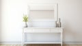 A minimalist white console table, adorned with a mirror and a vase, exuding elegance and sophistication in a contemporary interior