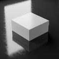 Minimalist white cube box casts a shadow on a dark reflective surface studio shot Royalty Free Stock Photo