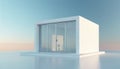 Minimalist white cube building with glass doors sits on reflective surface under sky gradient. Interior shows simple desk and Royalty Free Stock Photo