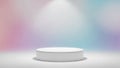 Minimalist white cylindrical podium on a white surface with a soft pastel gradient background and spotlight Keywords Royalty Free Stock Photo