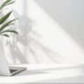 Minimalist White Desktop with Leaf Shadows and Open Laptop Corner Royalty Free Stock Photo